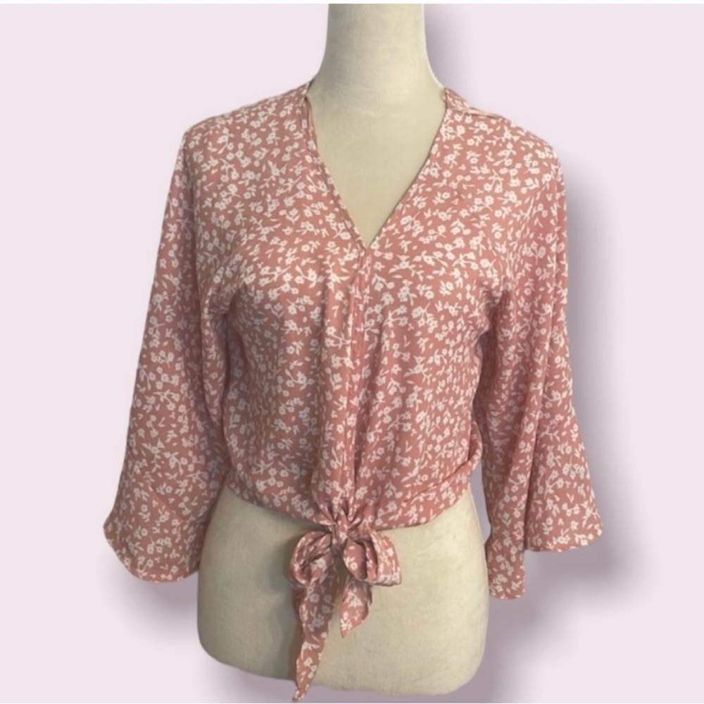 Pink Floral Blouse with Tie Waist and Bell Sleeves